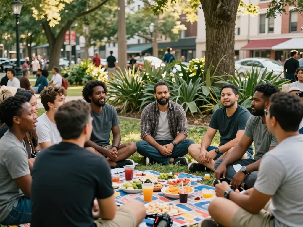 Men's community gathering at a man club discussing wellness and support.