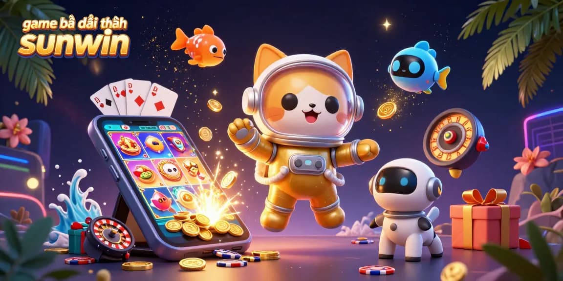 Engage with the game bài đổi thưởng sunwin featuring a playful astronaut cat surrounded by dynamic casino elements.