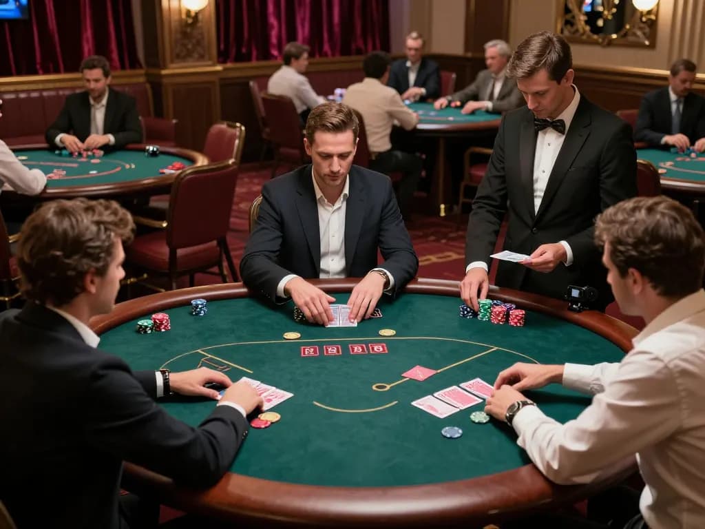 Players engaging in high-stakes poker at a luxurious man club casino, showcasing intense gameplay