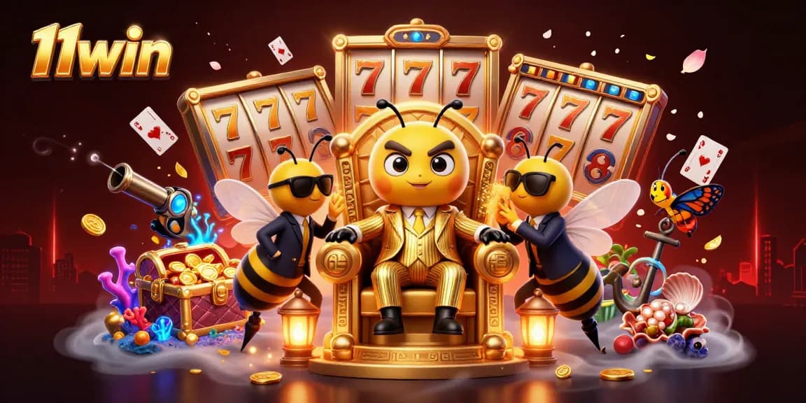 Engage with thrilling casino action through 11win's vibrant bumblebee boss illustration showcasing slots and treasures.