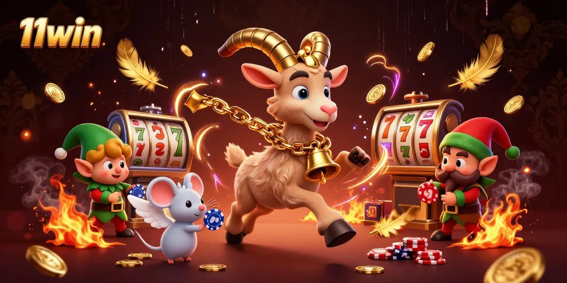 Experience the thrill of 11win with a festive casino scene featuring Krampus and energetic characters.