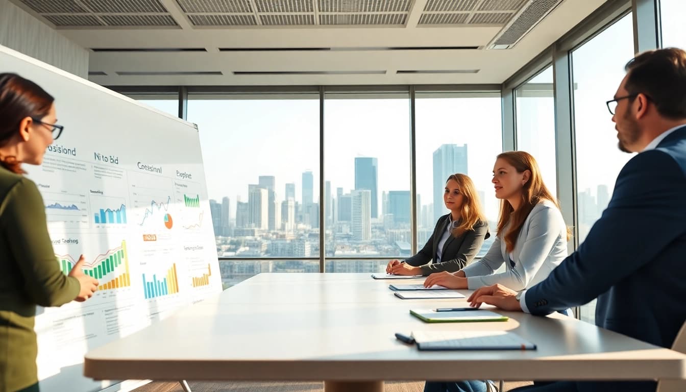 Team conducting a bid no bid analysis in a modern office environment with strategy notes.