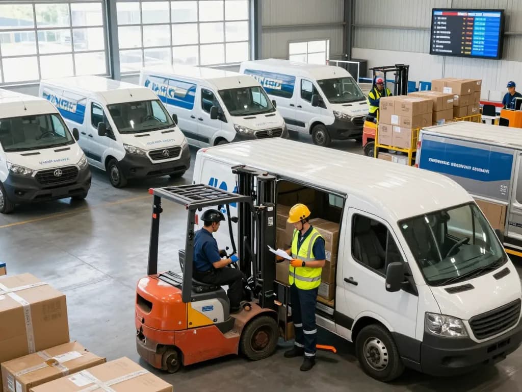 Transport solutions with tracked vehicles and logistics professionals in an active warehouse environment.