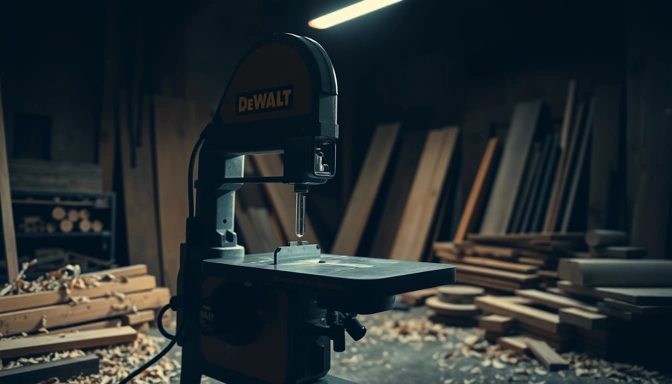 Expertly using the DeWalt band saw to create precise cuts in wood.
