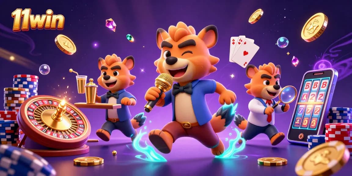 Experience laughter and winning at 11win with hyenas in a vibrant casino scene mixing drinks and jokes.