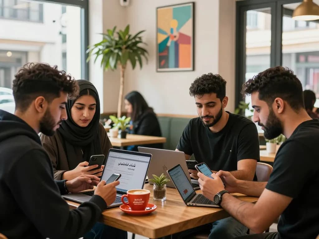 Engaging conversations on شات فلسطين at a lively café with young Palestinians connecting over coffee.
