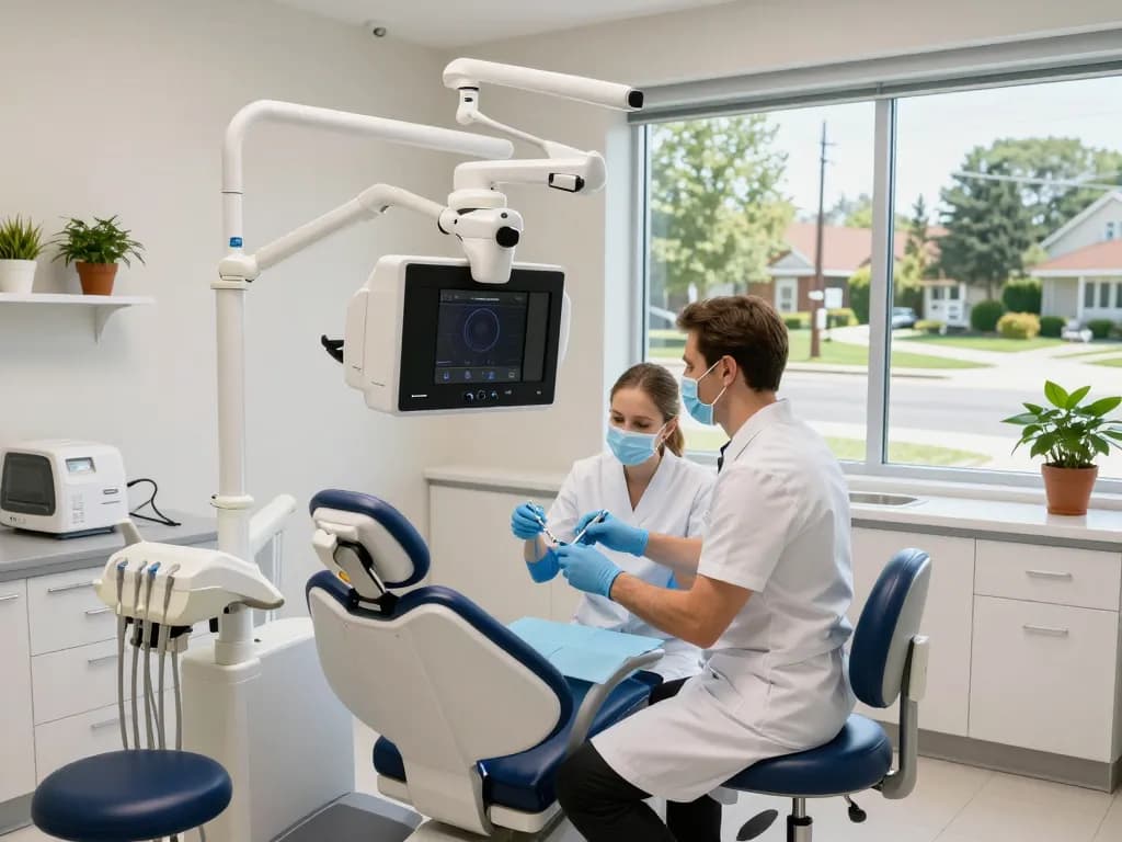 Dental equipment used in a modern dental practice with advanced technology and a professional environment.