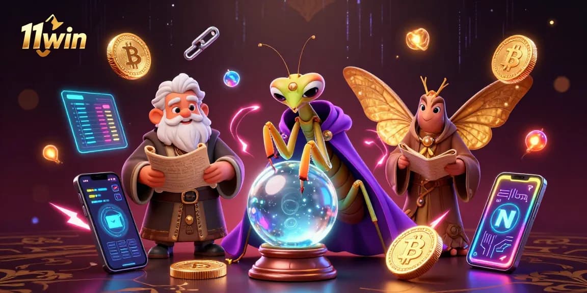 Engage with 11win's vibrant 3D illustration showcasing casino magic and cryptocurrency excitement.