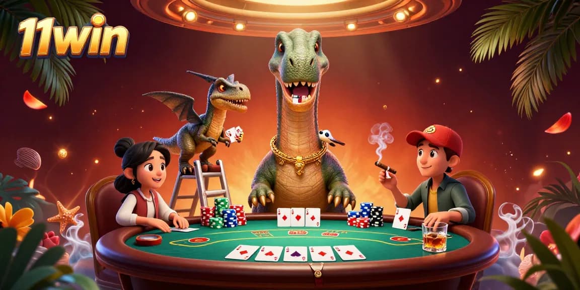 Experience the thrill of 11win as characters engage in epic poker action amidst vibrant casino elements.