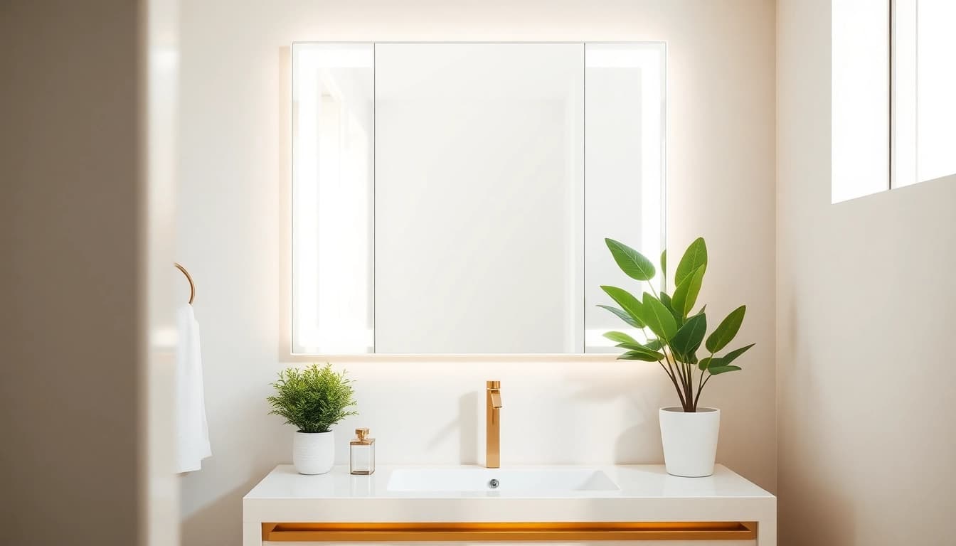 Reflective LED mirror showcasing beauty in a modern bathroom with elegant design.