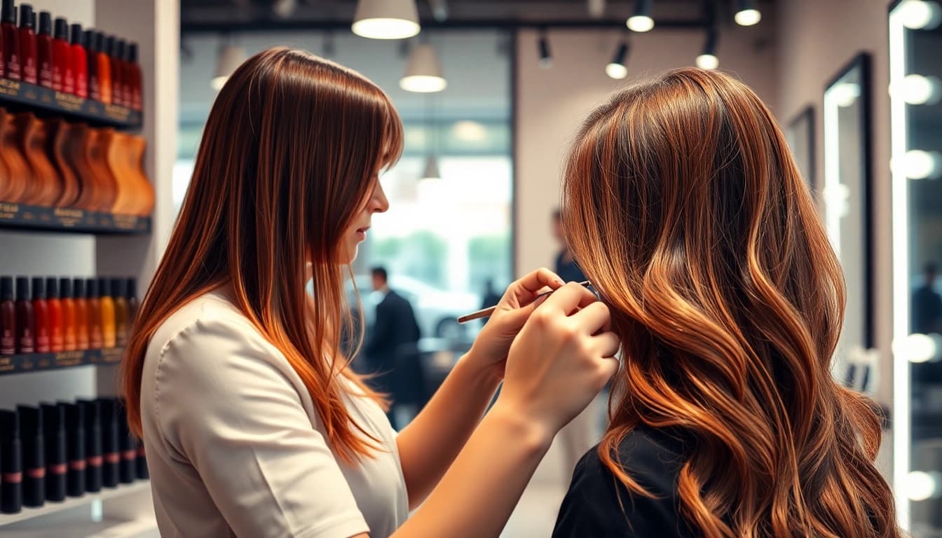 Vibrant hair salon scene illustrating coloração cabelo process with stylist and client.