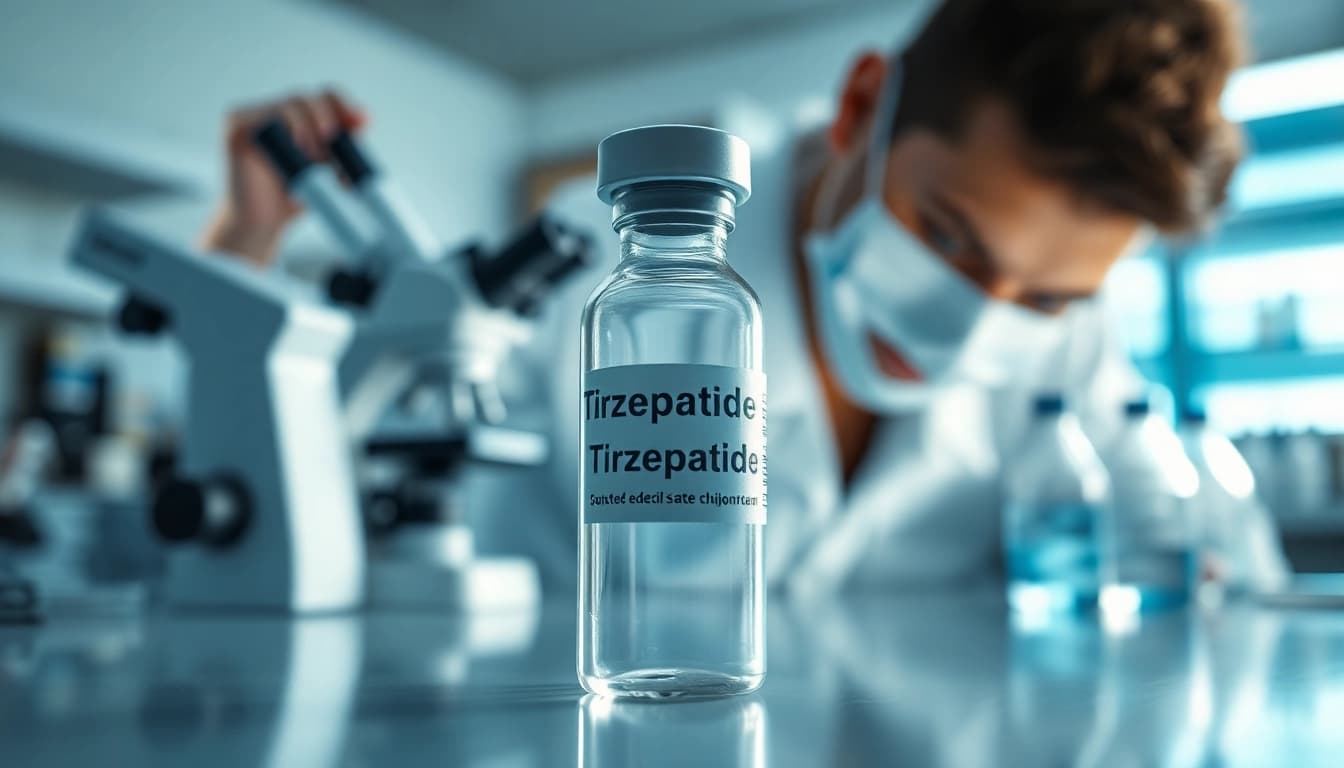 Analyze Tirzepatide research in a modern lab environment with a clear focus on innovation.