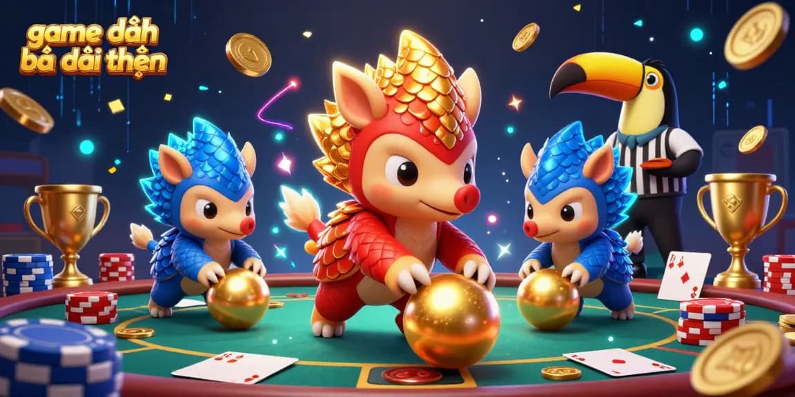 Engage in the game đánh bài đổi thưởng with animated pangolins competing around vibrant poker tables, showcasing excitement.