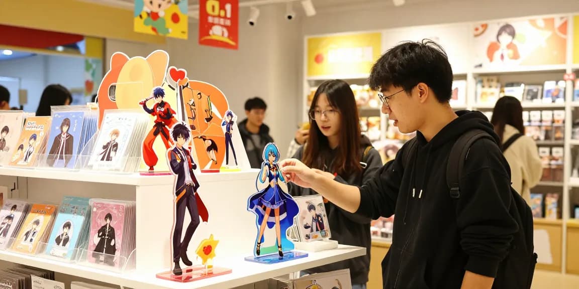 Custom acrylic standee displayed in a vibrant retail environment, attracting customer engagement.