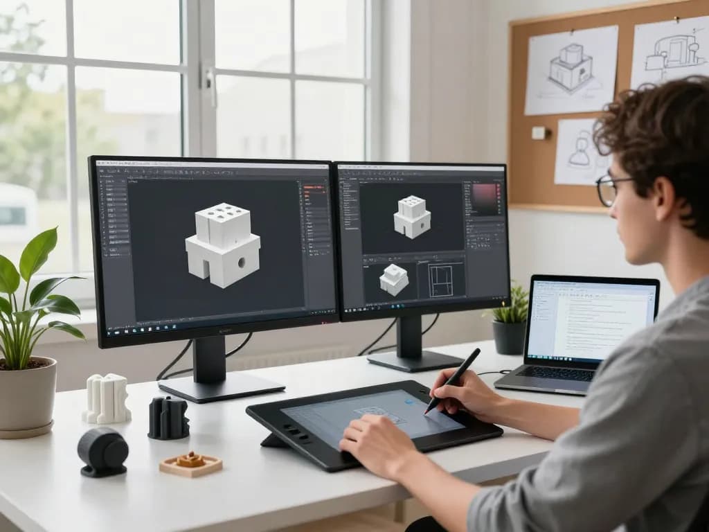 Designer using Text to 3D software in modern workspace with CAD displays and 3D prototypes.
