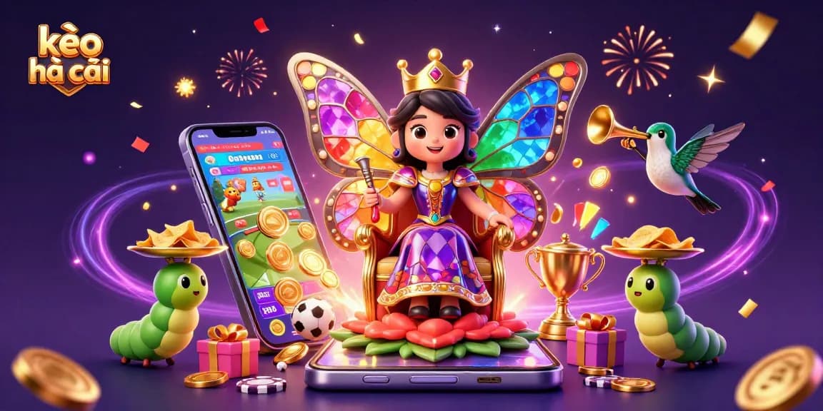 Engaging kèo nhà cái illustration featuring a butterfly queen in a colorful sports betting scene with coins and excitement.