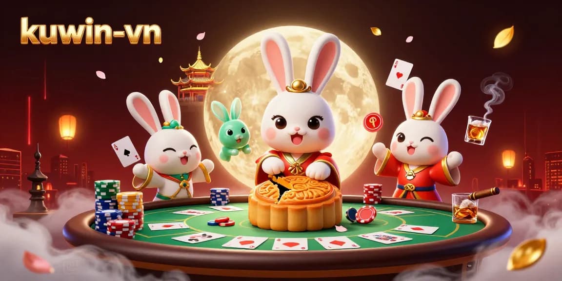 Engage with kuwin-vn as the moon rabbit unveils poker chips on a lunar table, enhancing your gaming adventure.