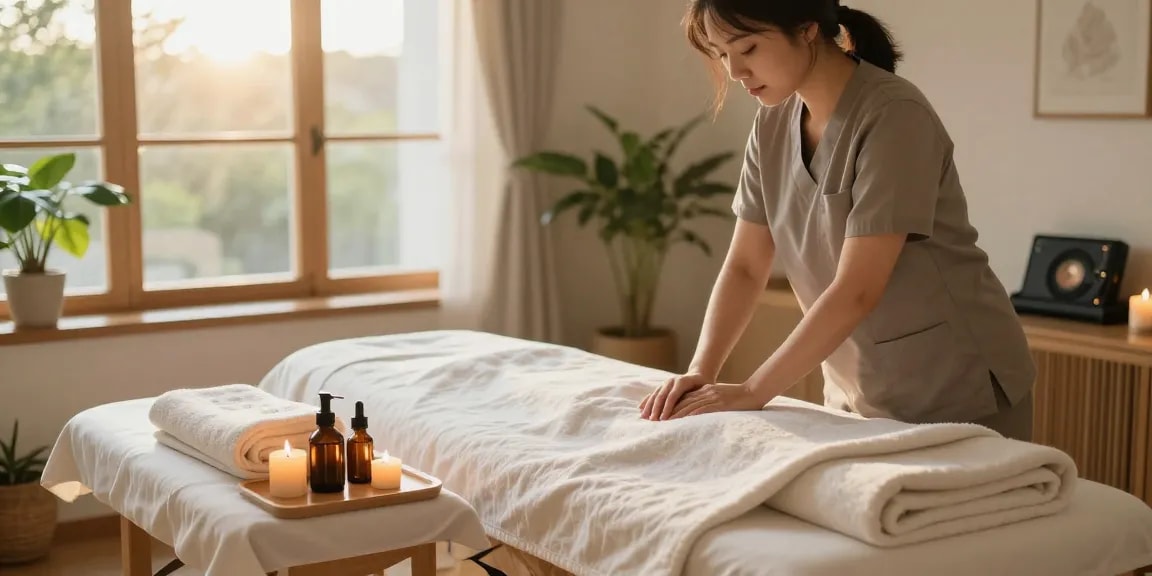 Relaxation therapy setup for 군포출장안마 with calming ambiance and soothing elements.