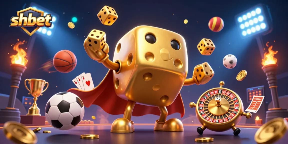 Experience exciting gaming with shbet's colorful 3D casino illustration featuring dynamic characters and action-packed elements.