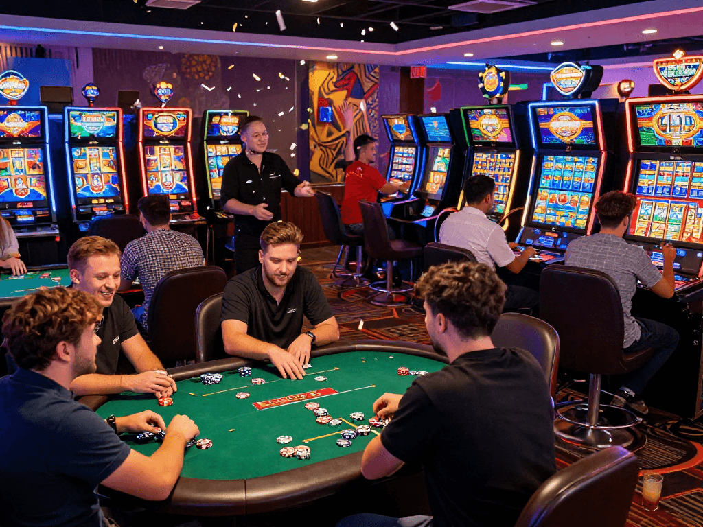 Exciting casino gaming atmosphere with players celebrating at rokok88 slots