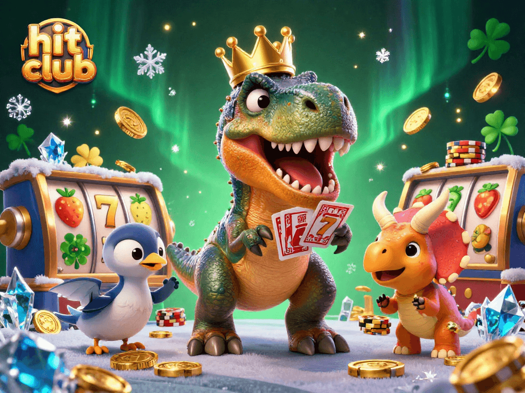 Engage in dynamic gambling fun at hit club with T-Rex shuffling cards and friends in a vibrant casino scene.