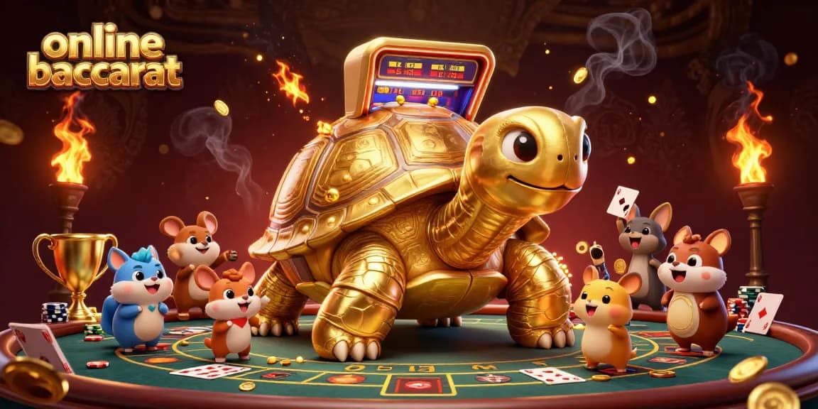 Engage in online baccarat with a dynamic scene featuring a golden tortoise and playing cards.