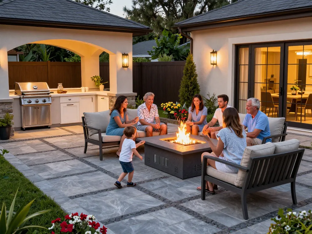 Paver patio near me featuring a family enjoying a modern fire pit and stylish outdoor kitchen.