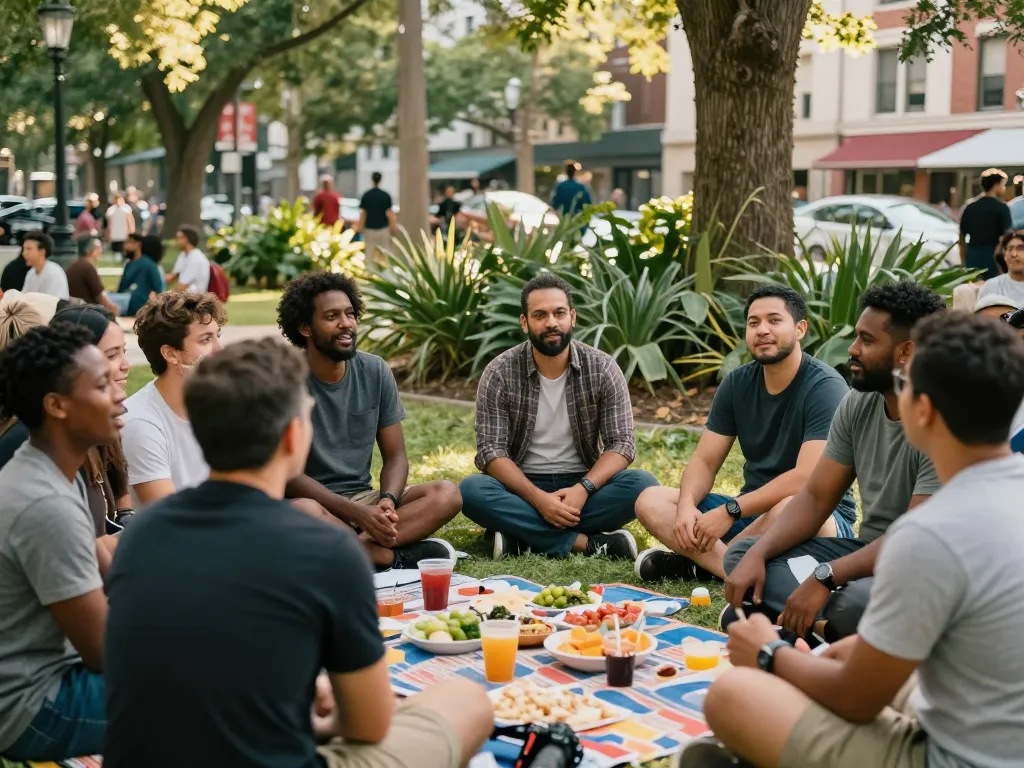 Men's community gathering at a man club discussing wellness and support.