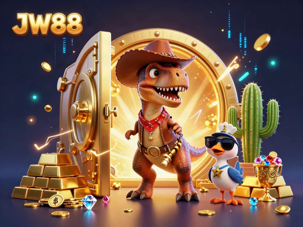JW88 casino illustration featuring a T-Rex dinosaur, cactus, and roadrunner surrounded by treasure elements and vibrant effects.
