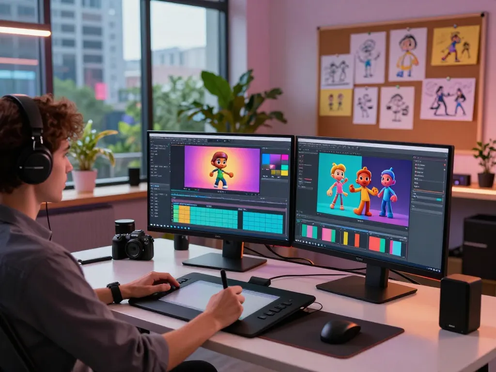 Dynamic digital workspace illustrating Kling motion technology for video production creativity.