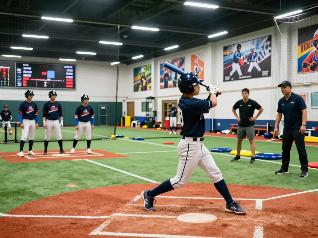 Youth athlete at hitclub practicing baseball swing indoors with coaches