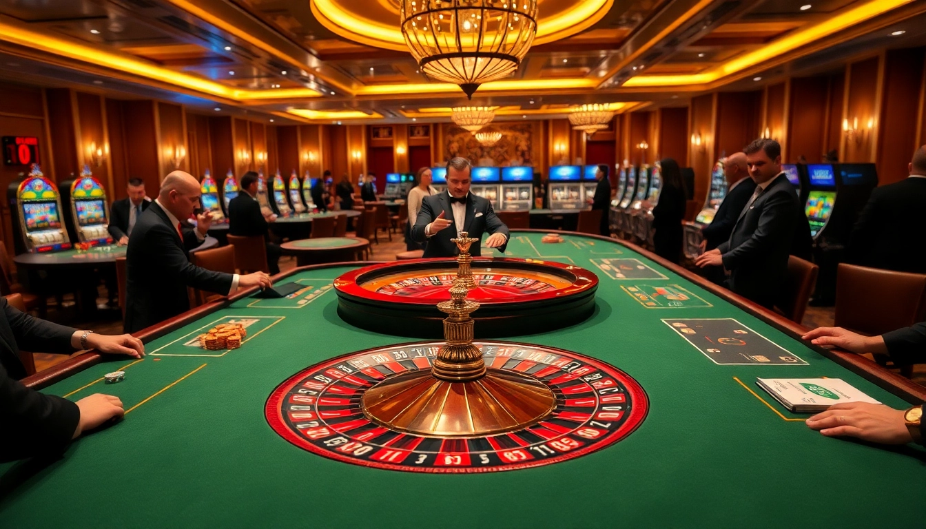 Experience the thrill of f168.tools with players engaging at a luxurious roulette table in a vibrant casino.