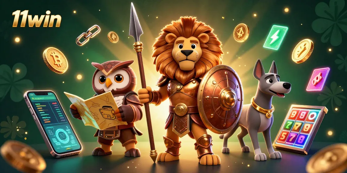 11win showcases a vibrant casino scene with characters and crypto elements dynamically engaging players.