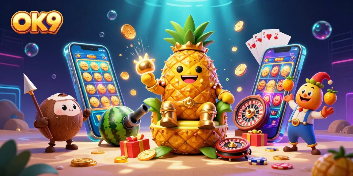 Experience the excitement of gaming at OK9 with vibrant casino-themed 3D art featuring characters and jackpot elements.