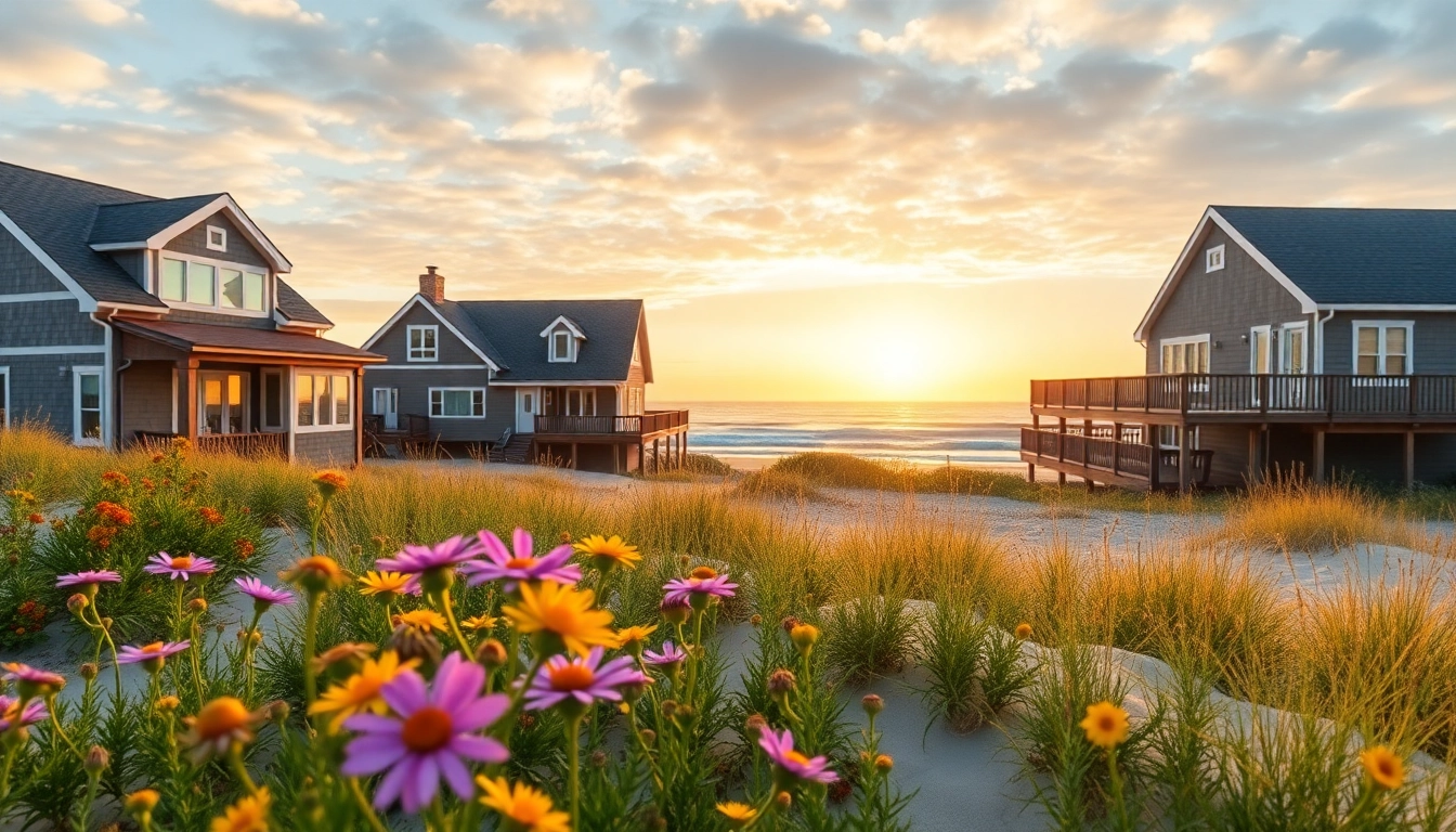 Beautiful cape cod homes basking in sunset glow near a tranquil beach.