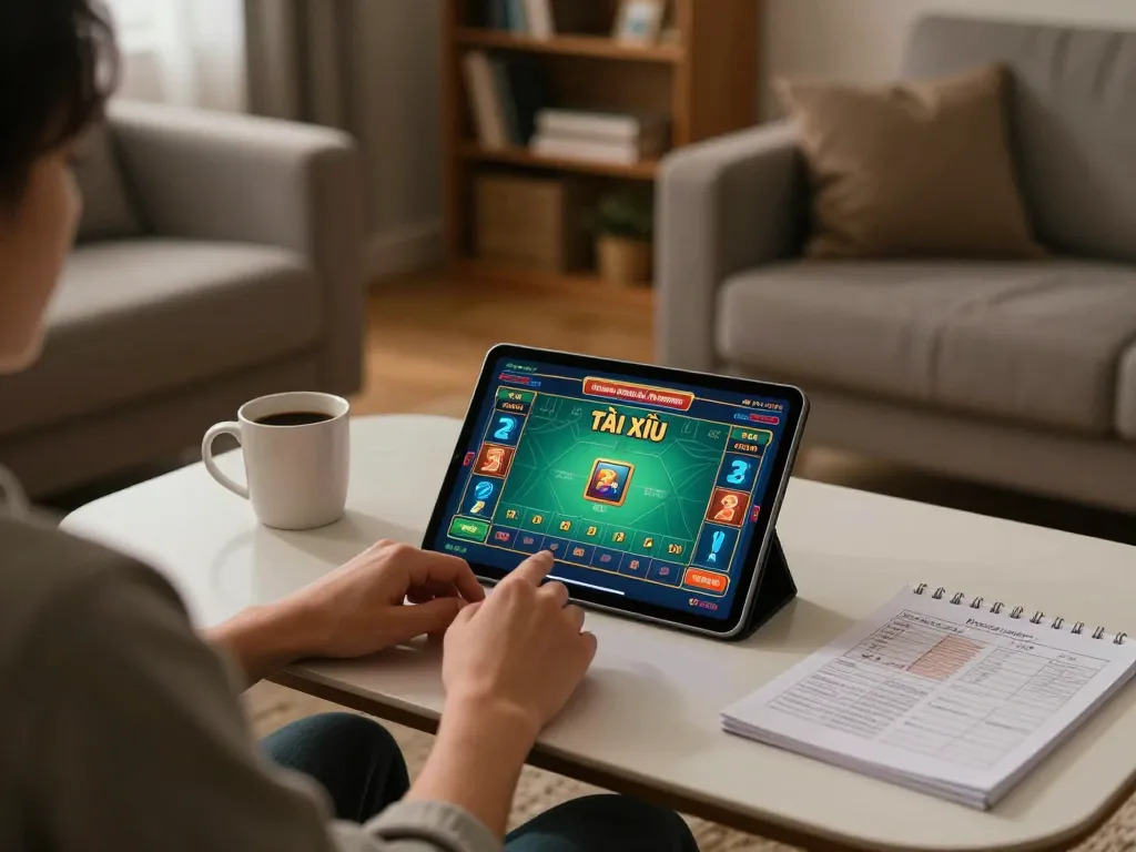 Engaged player enjoying TÀI XỈU on taixiuonline.za.com in a cozy home environment with a tablet.