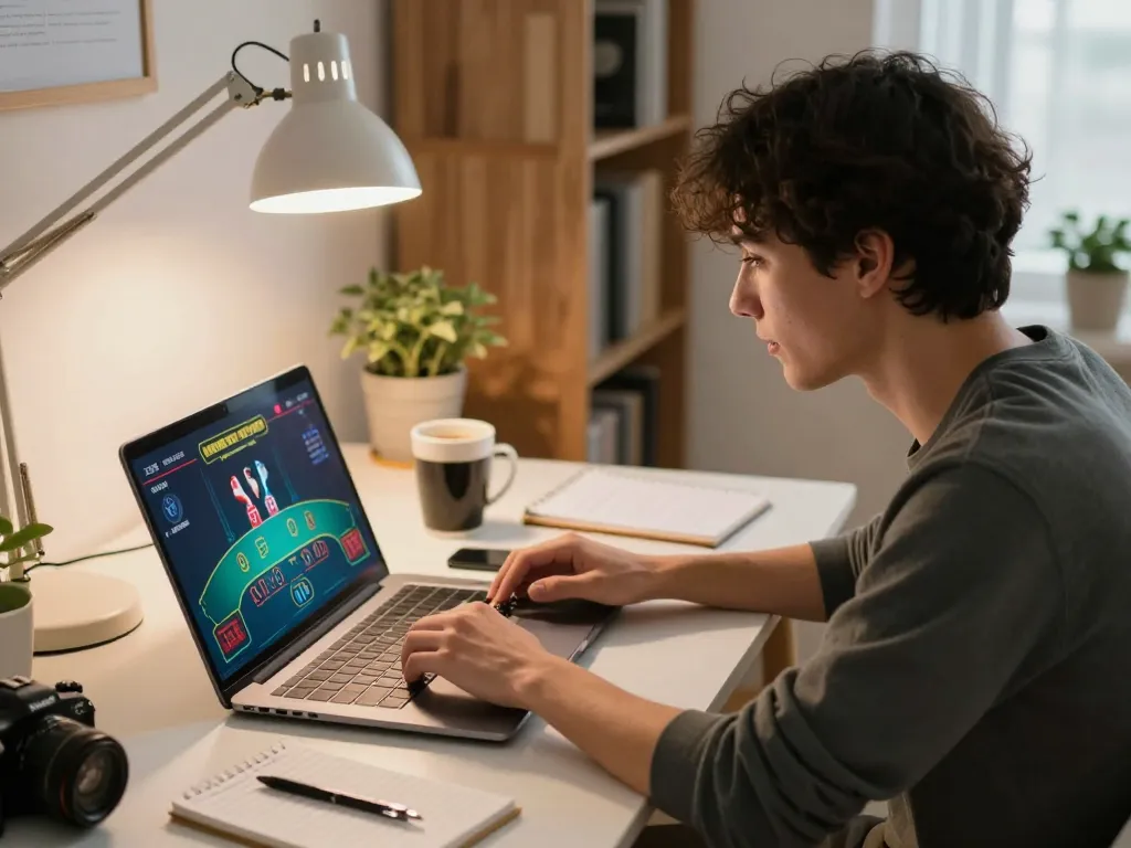 sunwingo user strategically playing blackjack on a laptop in a cozy home setup