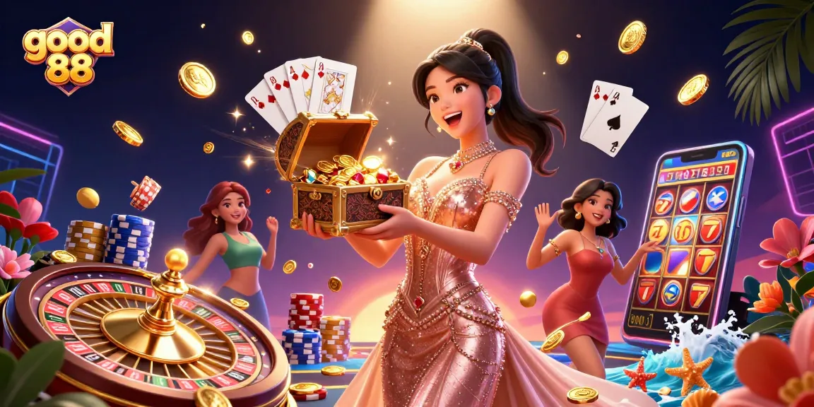 Join the excitement of good 88 with a joyful character discovering treasures in a casino