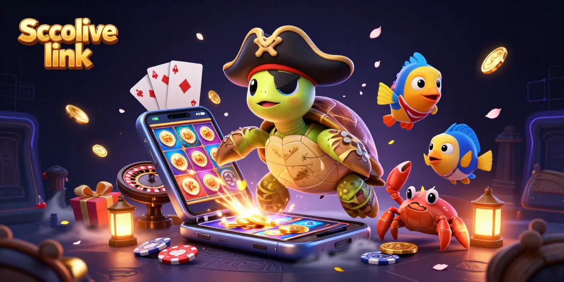 Experience Socolive link with this dynamic scene featuring a cartoon pirate turtle amidst casino treasures.