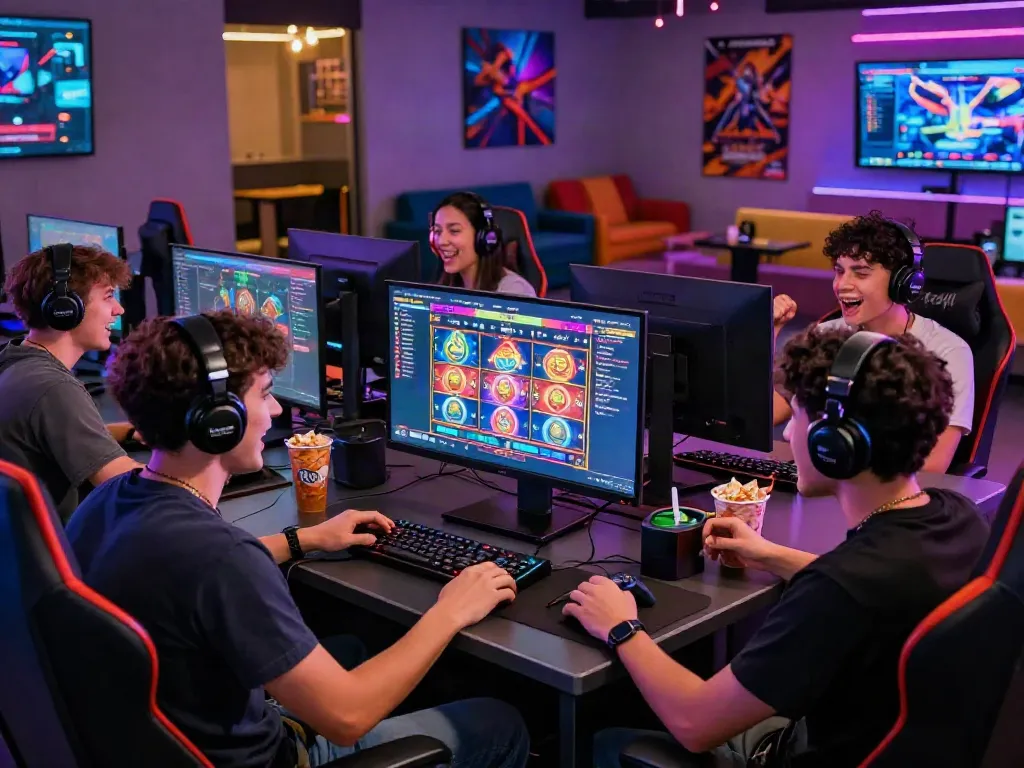 Exciting gaming scene showcasing players engaging with situs slot games in a vibrant environment filled with colorful graphics and energetic atmosphere.