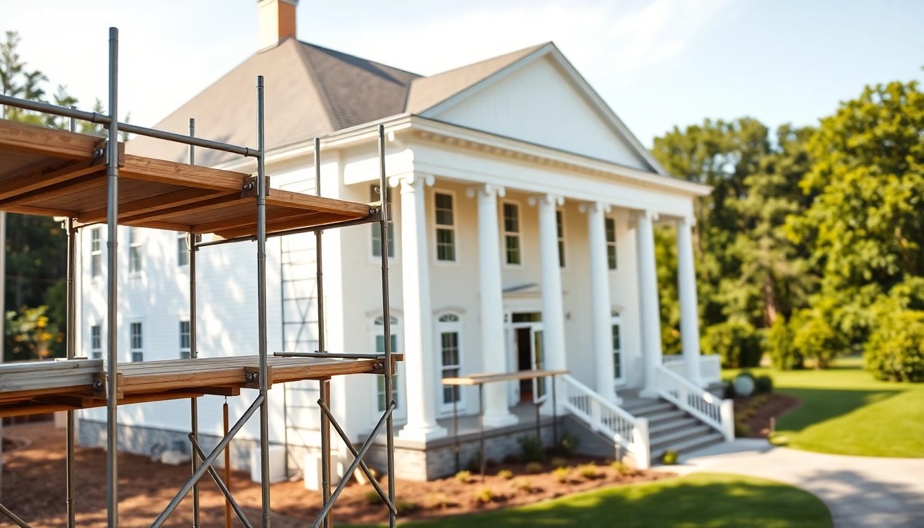 Visualize colonial home construction with classic architecture and natural lighting.