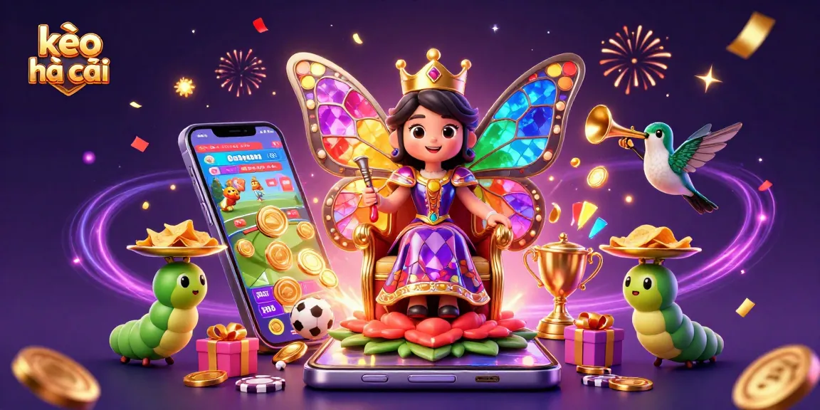 Engaging kèo nhà cái illustration featuring a butterfly queen in a colorful sports betting scene with coins and excitement.