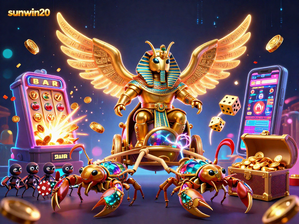 Experience the thrill of sunwin20 with a dynamic casino scene of a golden beetle and jackpot explosion.