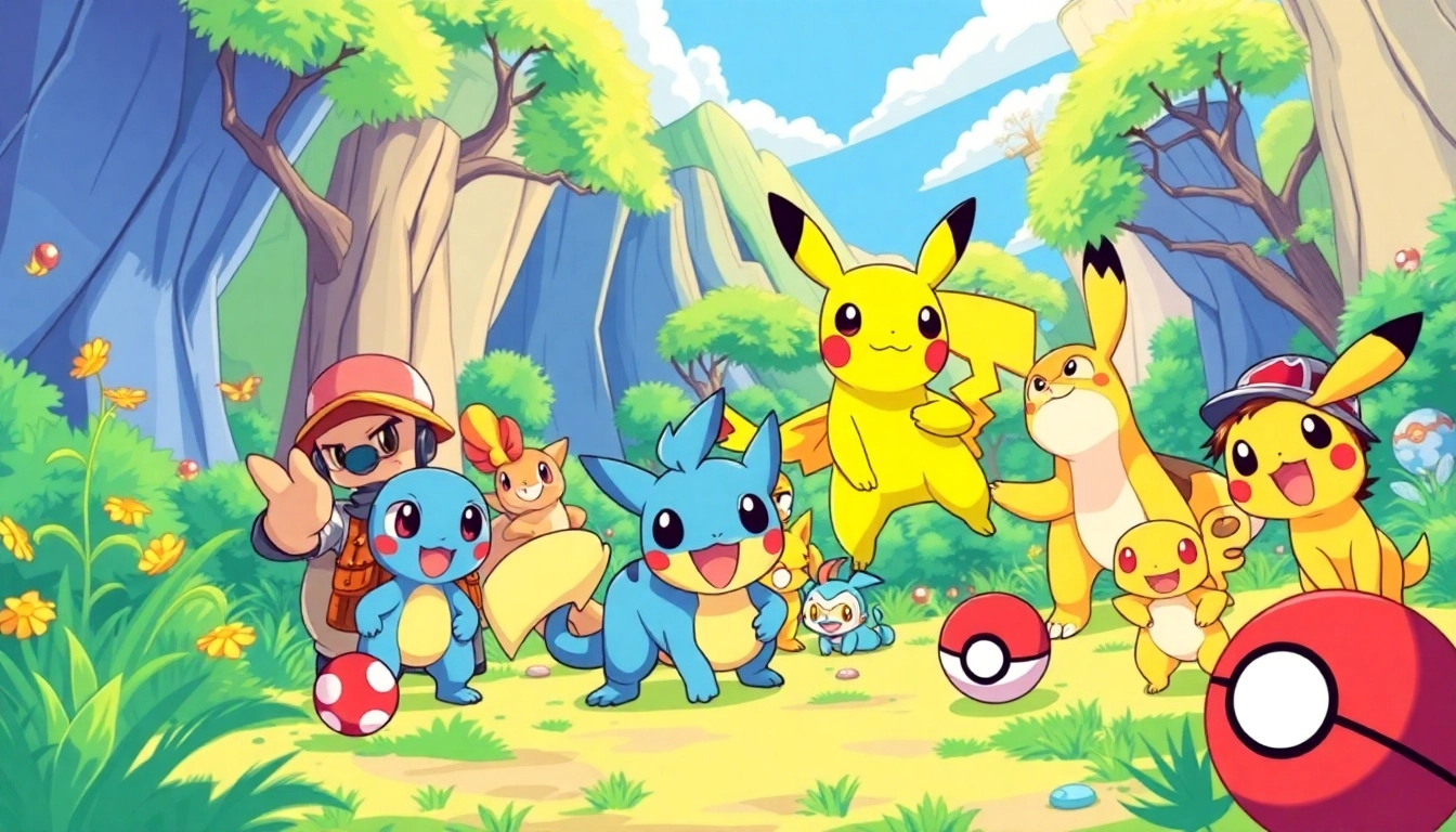 Engaging Pokémon SVG characters in a colorful, whimsical landscape, perfect for crafting projects.