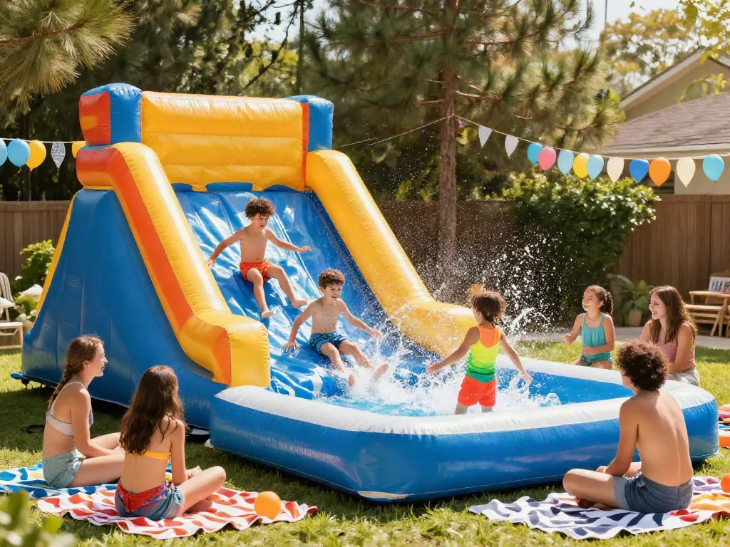 Dynamic scene of children splashing on vibrant inflatable water slides, enjoying summer water fun in a backyard setting.