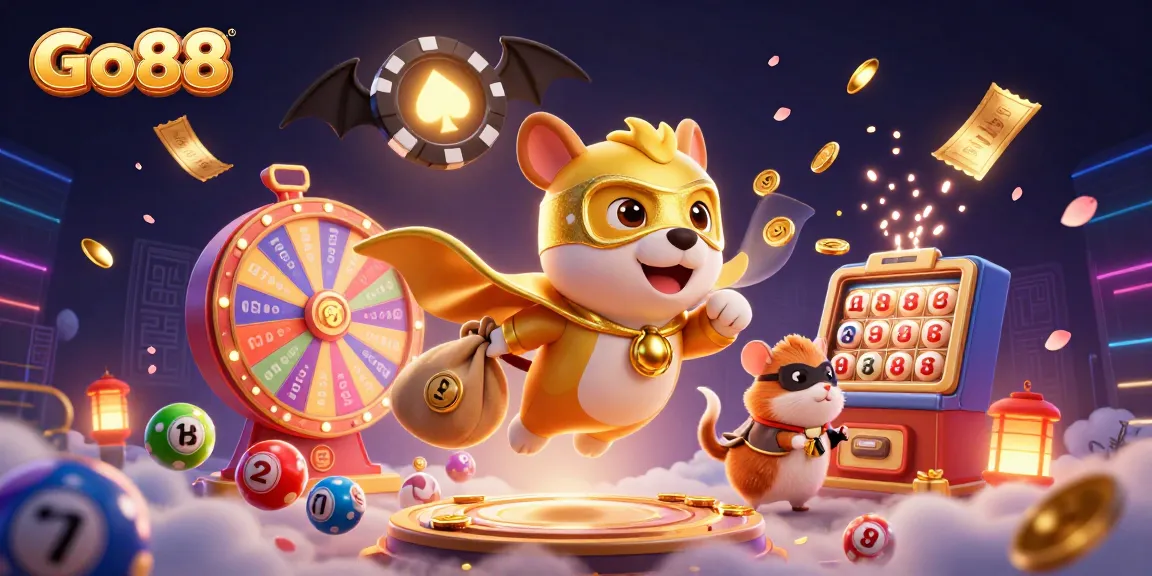 Go88 superhero dog soars with gold coins amidst vibrant gaming elements in this dynamic casino scene.