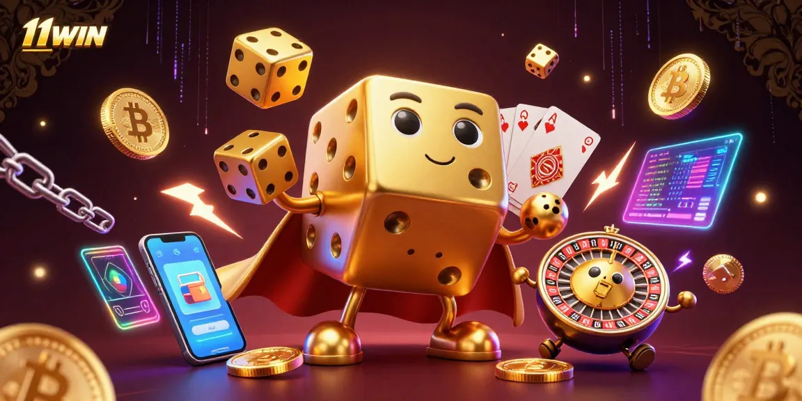 Engage with immersive 11WIN casino fun, highlighted by vibrant golden dice and crypto elements.