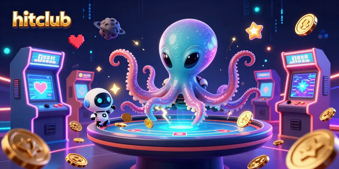Play poker at hitclub with an alien octopus, glowing game elements, and vibrant casino atmosphere.