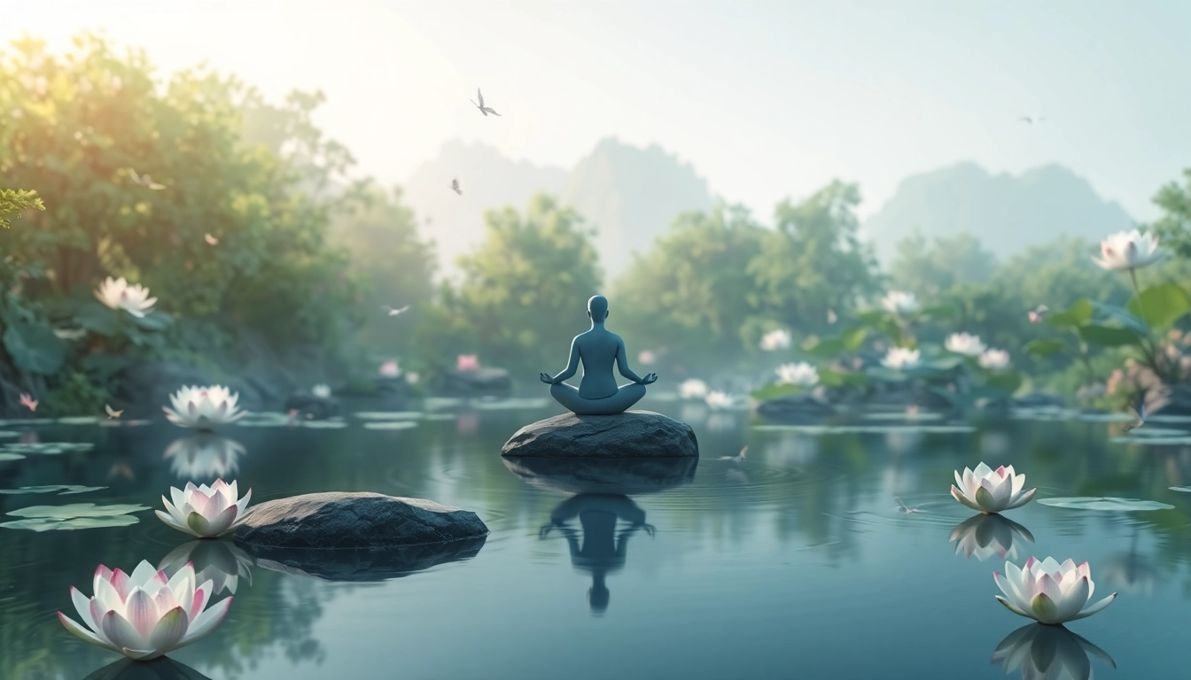 Meditating figure in a serene zen garden symbolizing mental wellness and tranquility.