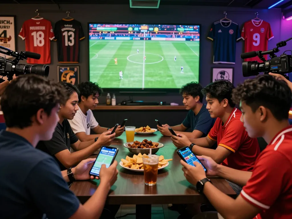 Friends enjoying football betting on Judi Bola in a lively lounge atmosphere.